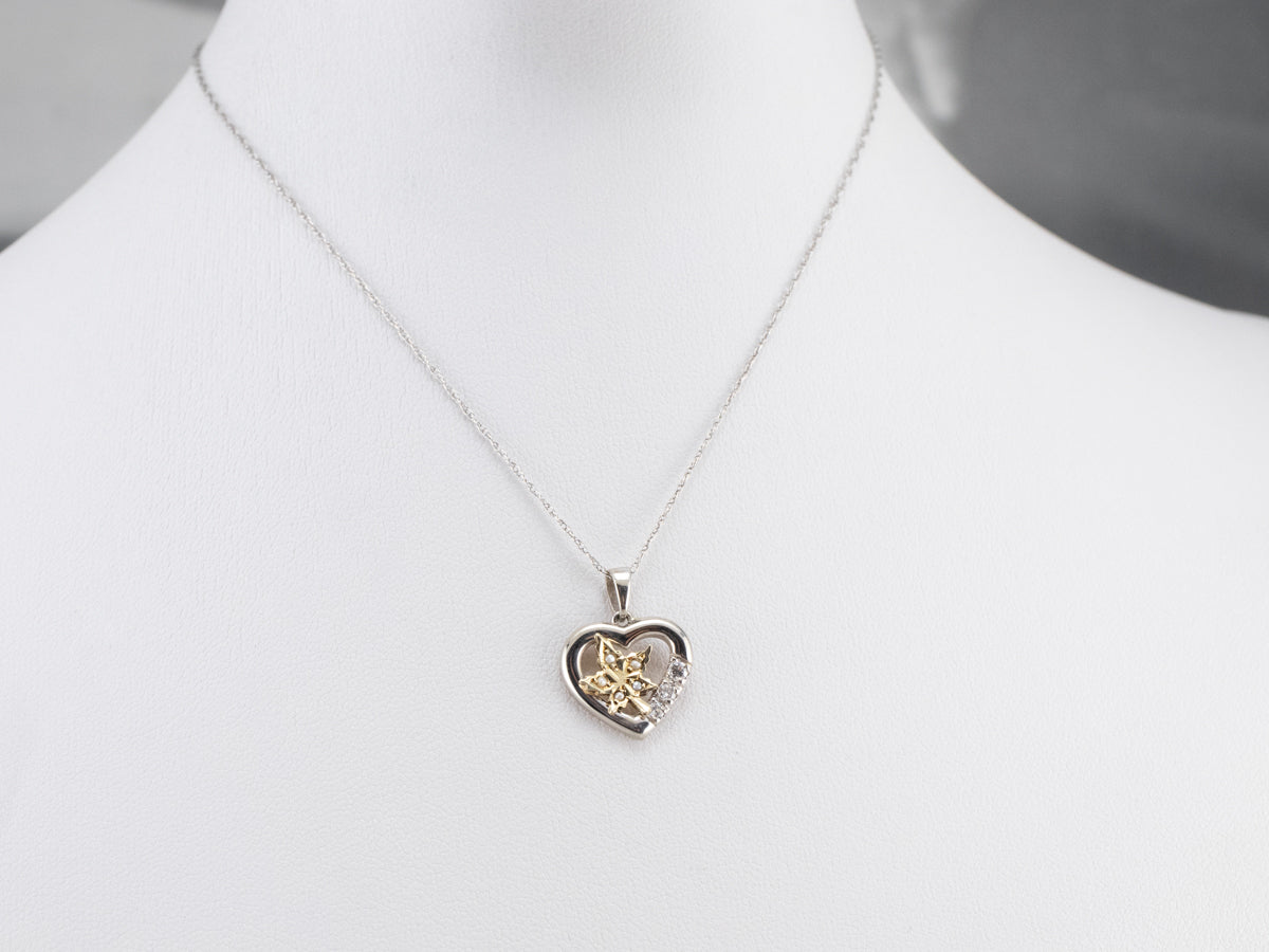 Seed Pearl Maple Leaf and Diamond Heart Pendant