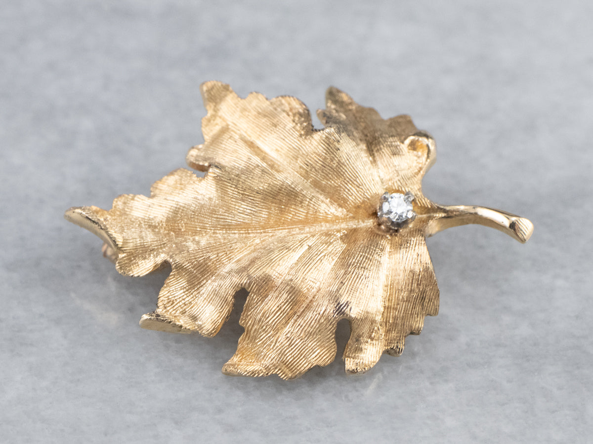 Realistic Gold Diamond Leaf Brooch