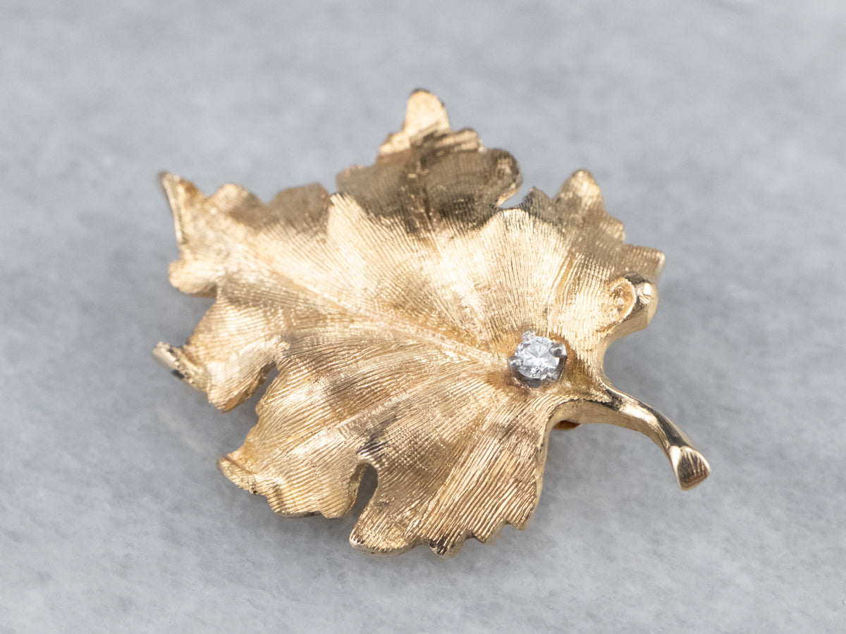 Realistic Gold Diamond Leaf Brooch