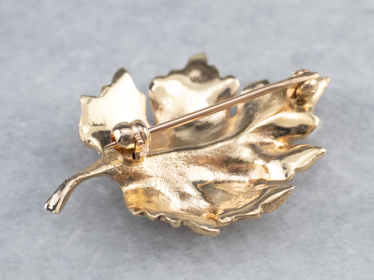 Realistic Gold Diamond Leaf Brooch