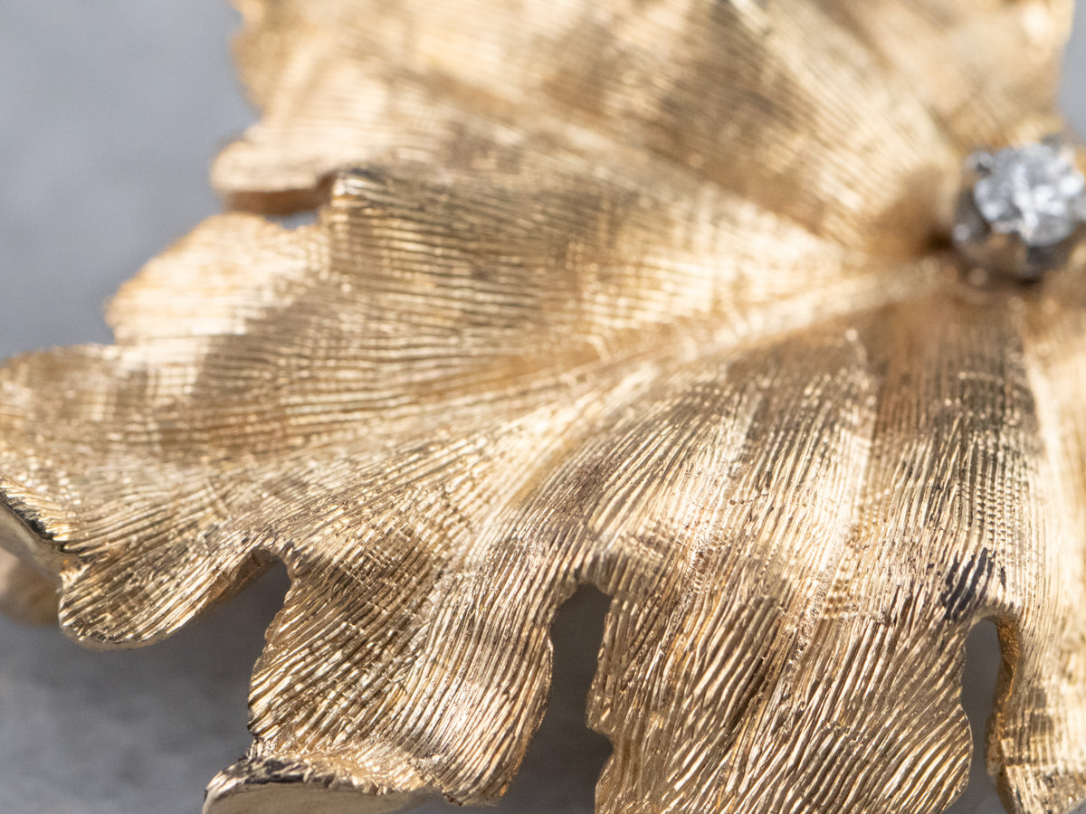 Realistic Gold Diamond Leaf Brooch