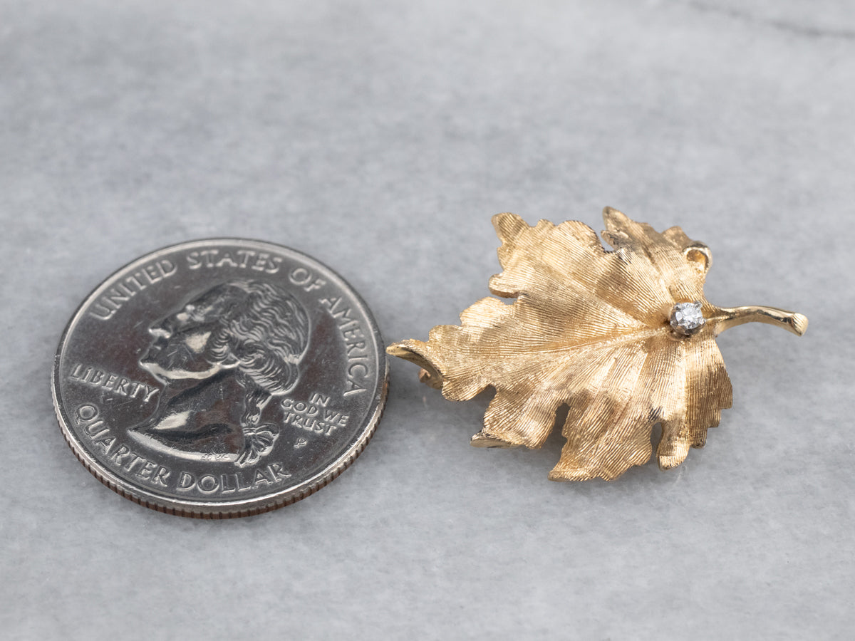 Realistic Gold Diamond Leaf Brooch