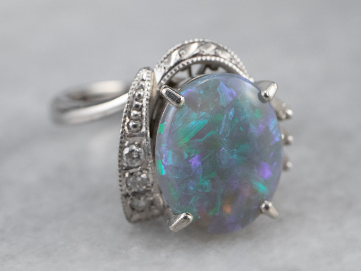 Platinum Black Opal and Diamond Cocktail Ring