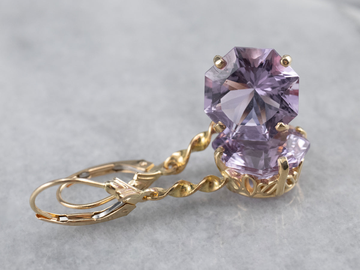 Amethyst Twisting Gold Drop Earrings