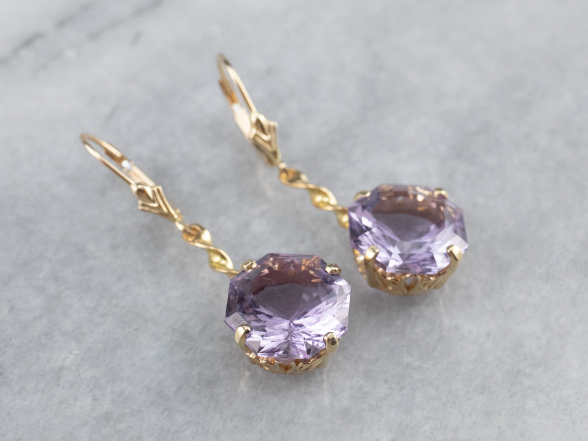 Amethyst Twisting Gold Drop Earrings