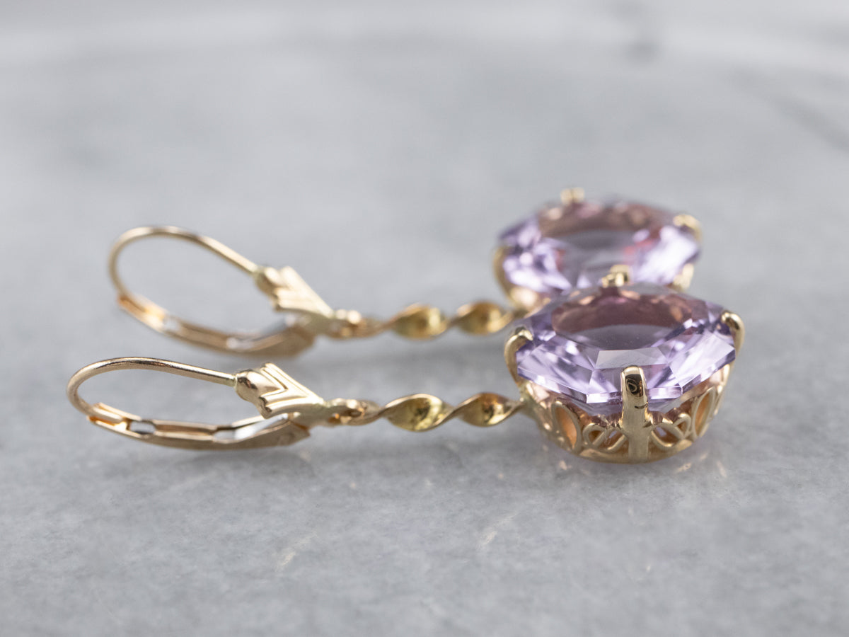 Amethyst Twisting Gold Drop Earrings