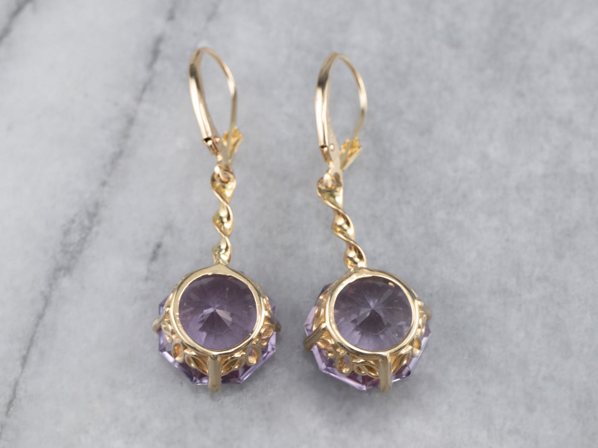 Amethyst Twisting Gold Drop Earrings