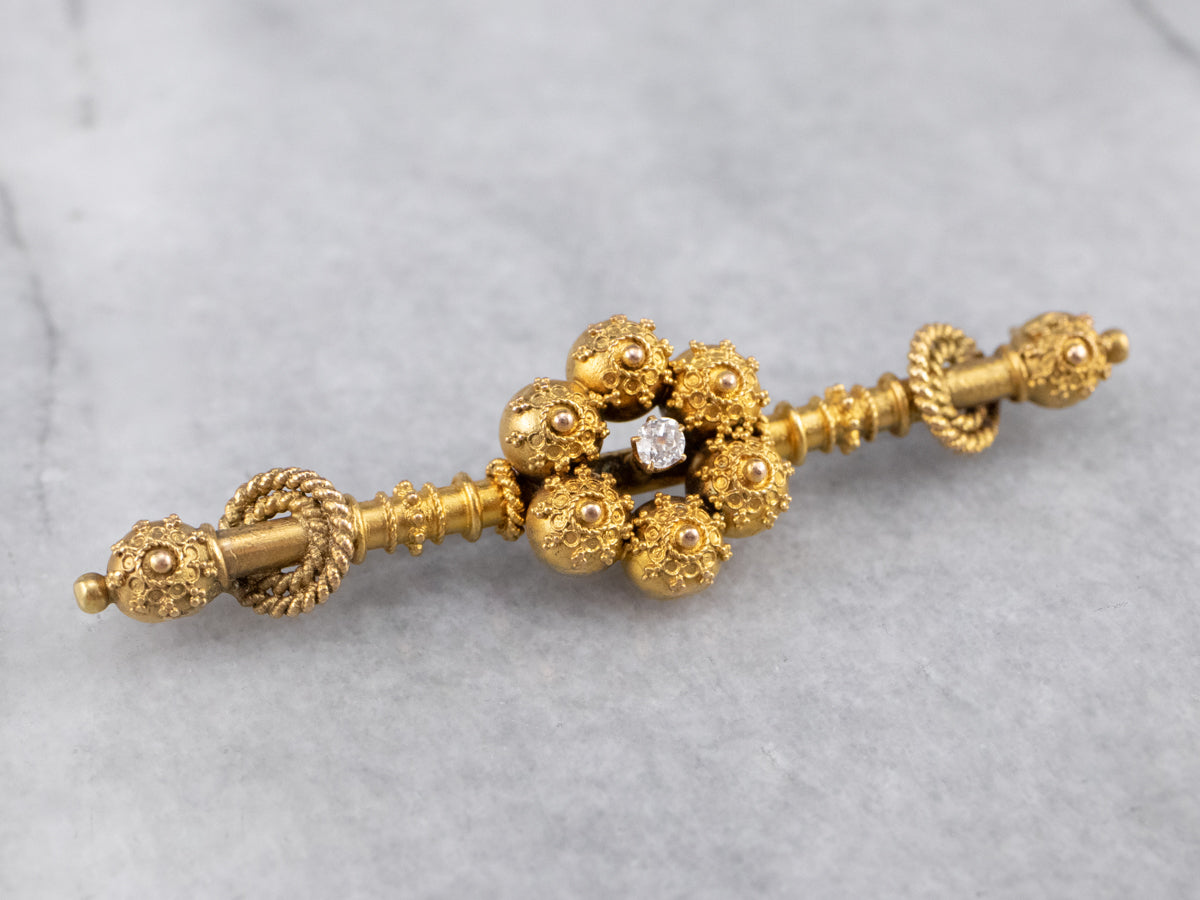 Broche victoriano de diamantes con talla de mina antigua del renacimiento etrusco