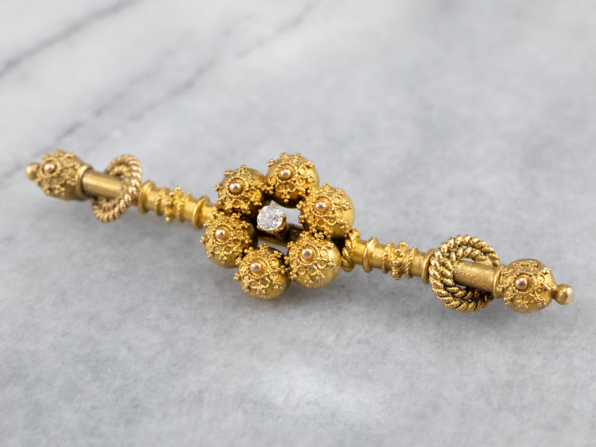 Broche victoriano de diamantes con talla de mina antigua del renacimiento etrusco