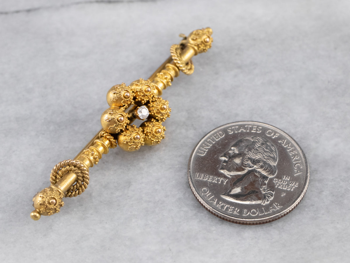 Broche victoriano de diamantes con talla de mina antigua del renacimiento etrusco