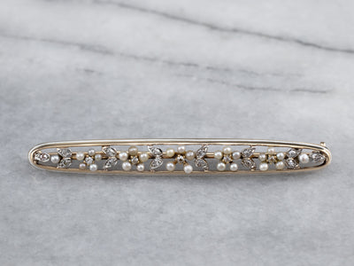 Art Nouveau Era Seed Pearl and Diamond Bar Pin