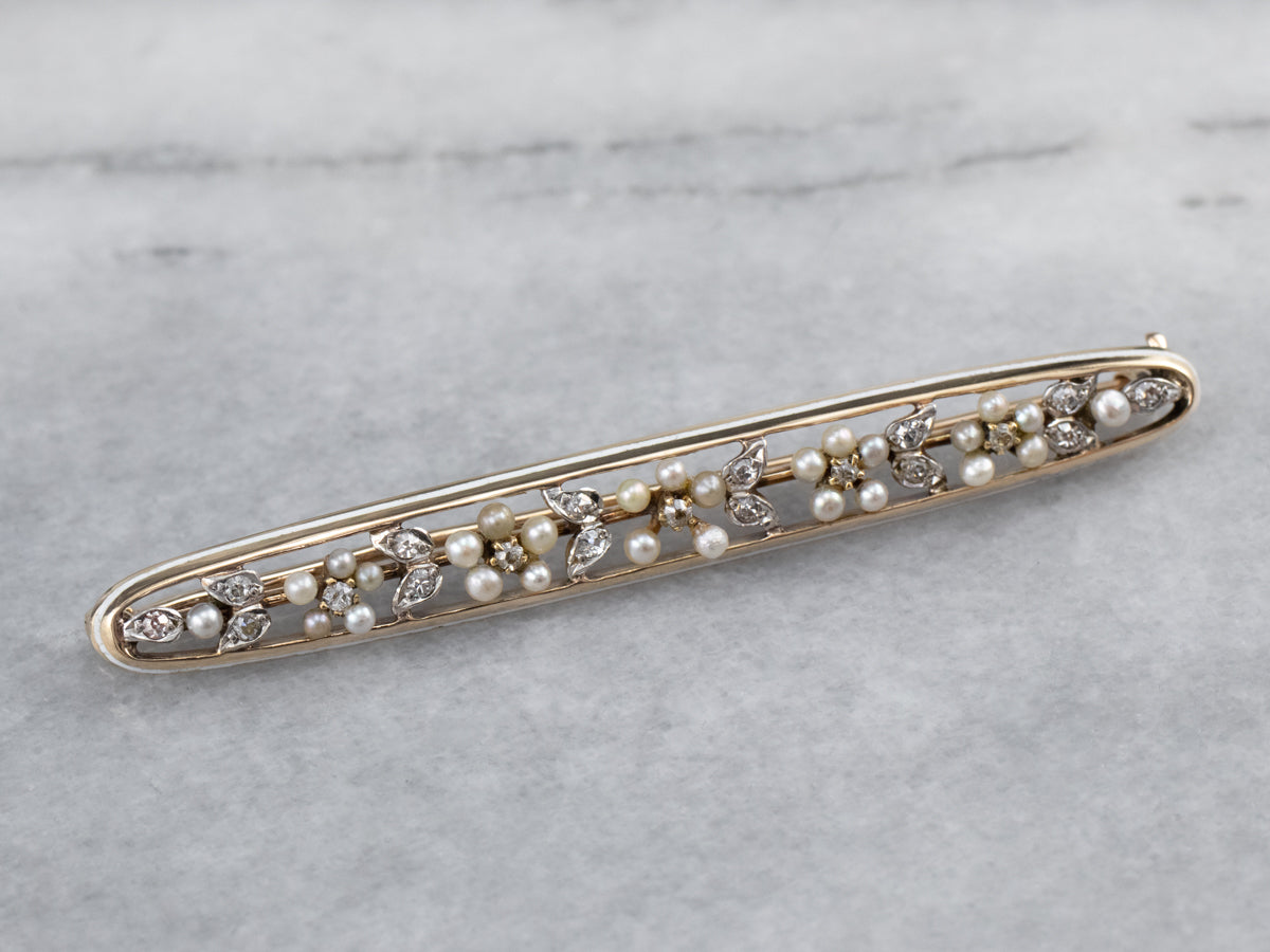 Art Nouveau Era Seed Pearl and Diamond Bar Pin