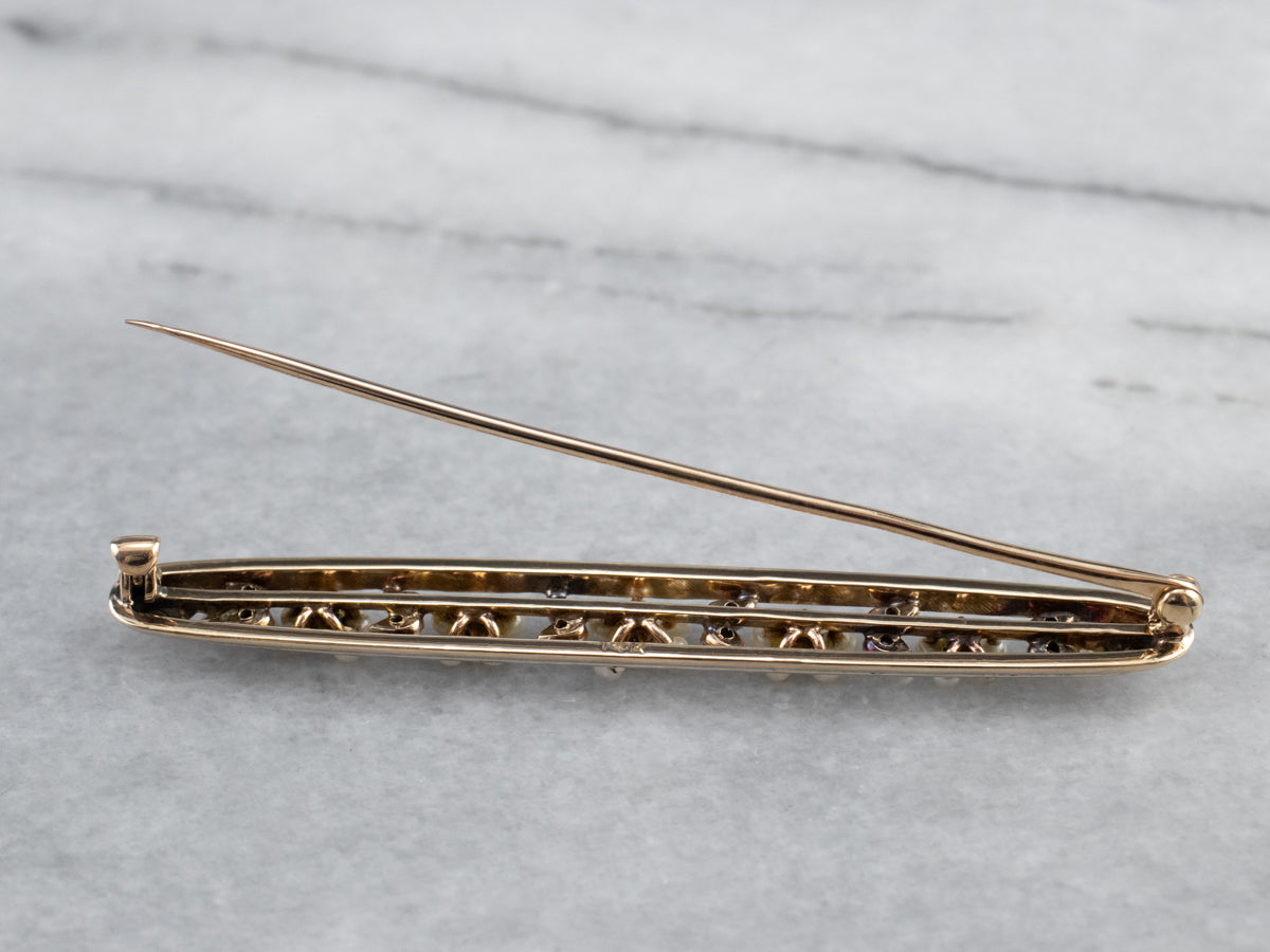 Art Nouveau Era Seed Pearl and Diamond Bar Pin