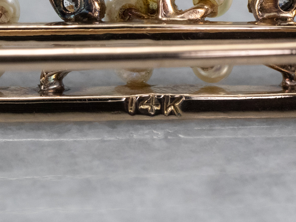 Art Nouveau Era Seed Pearl and Diamond Bar Pin