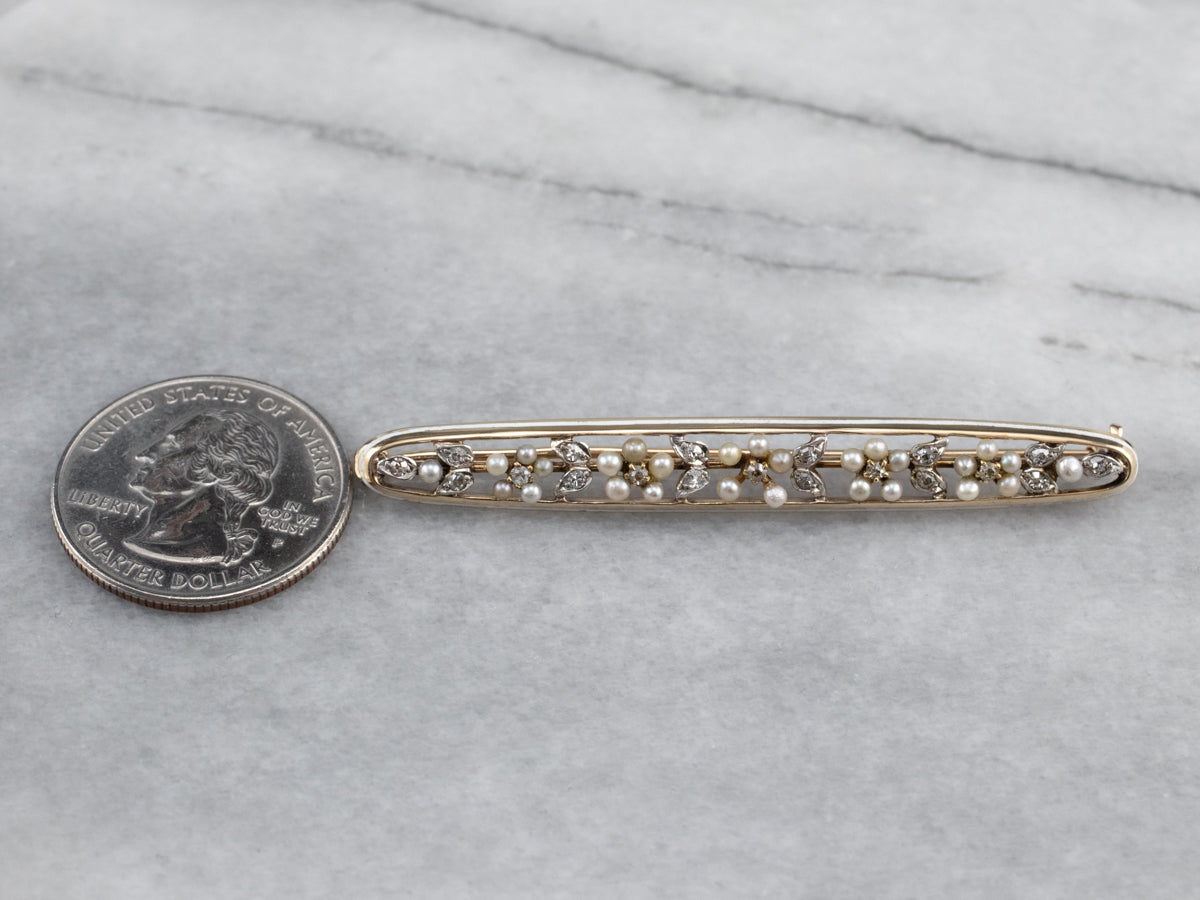 Art Nouveau Era Seed Pearl and Diamond Bar Pin