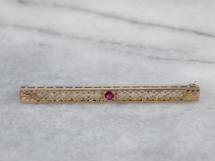 Fine Gold Filigree Synthetic Ruby Pin