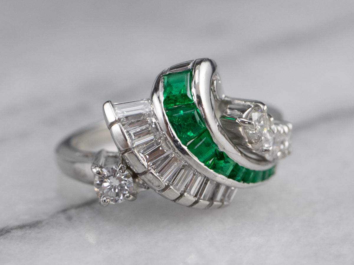 Platinum Emerald and Diamond Cocktail Ring