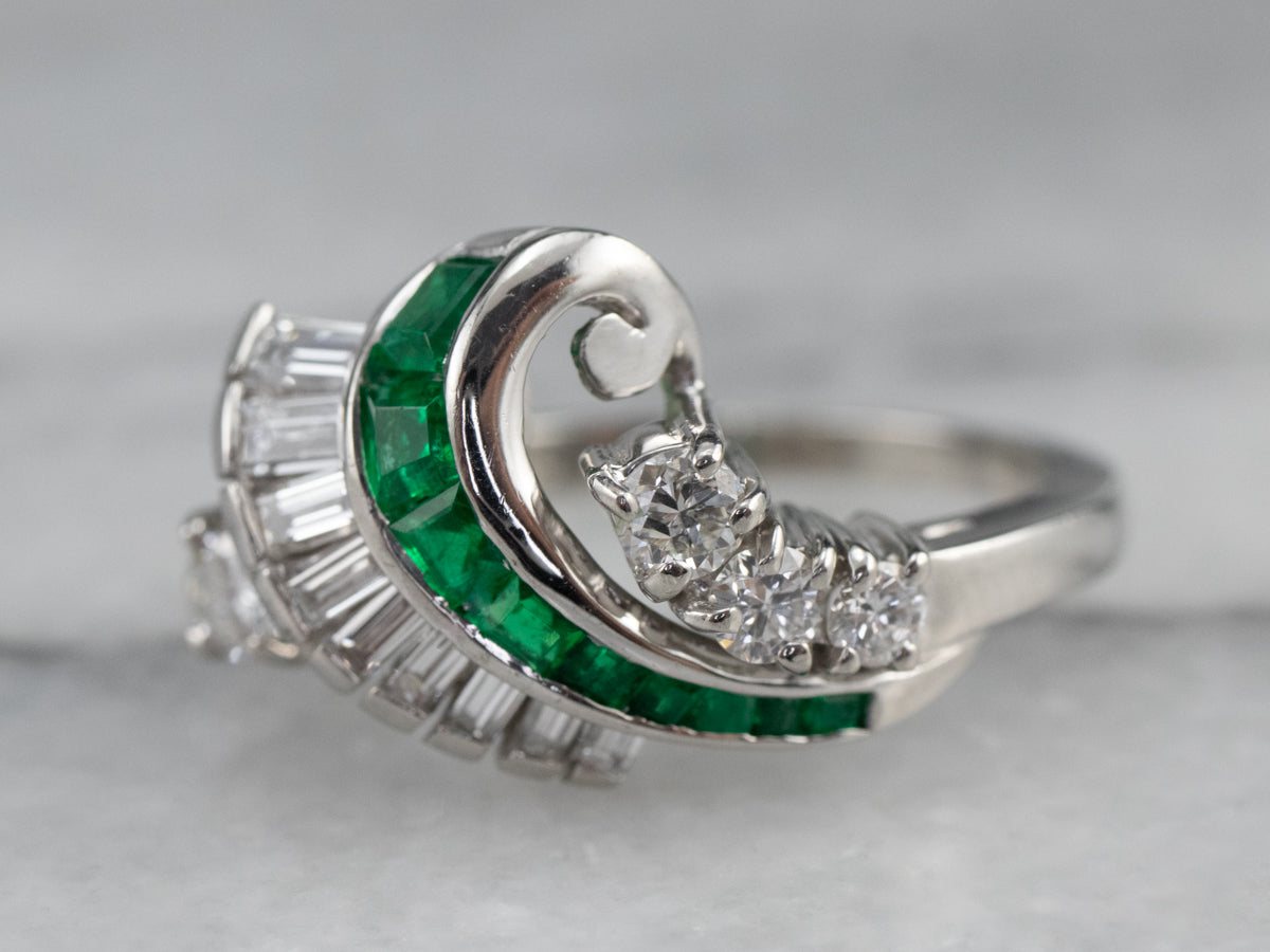 Platinum Emerald and Diamond Cocktail Ring