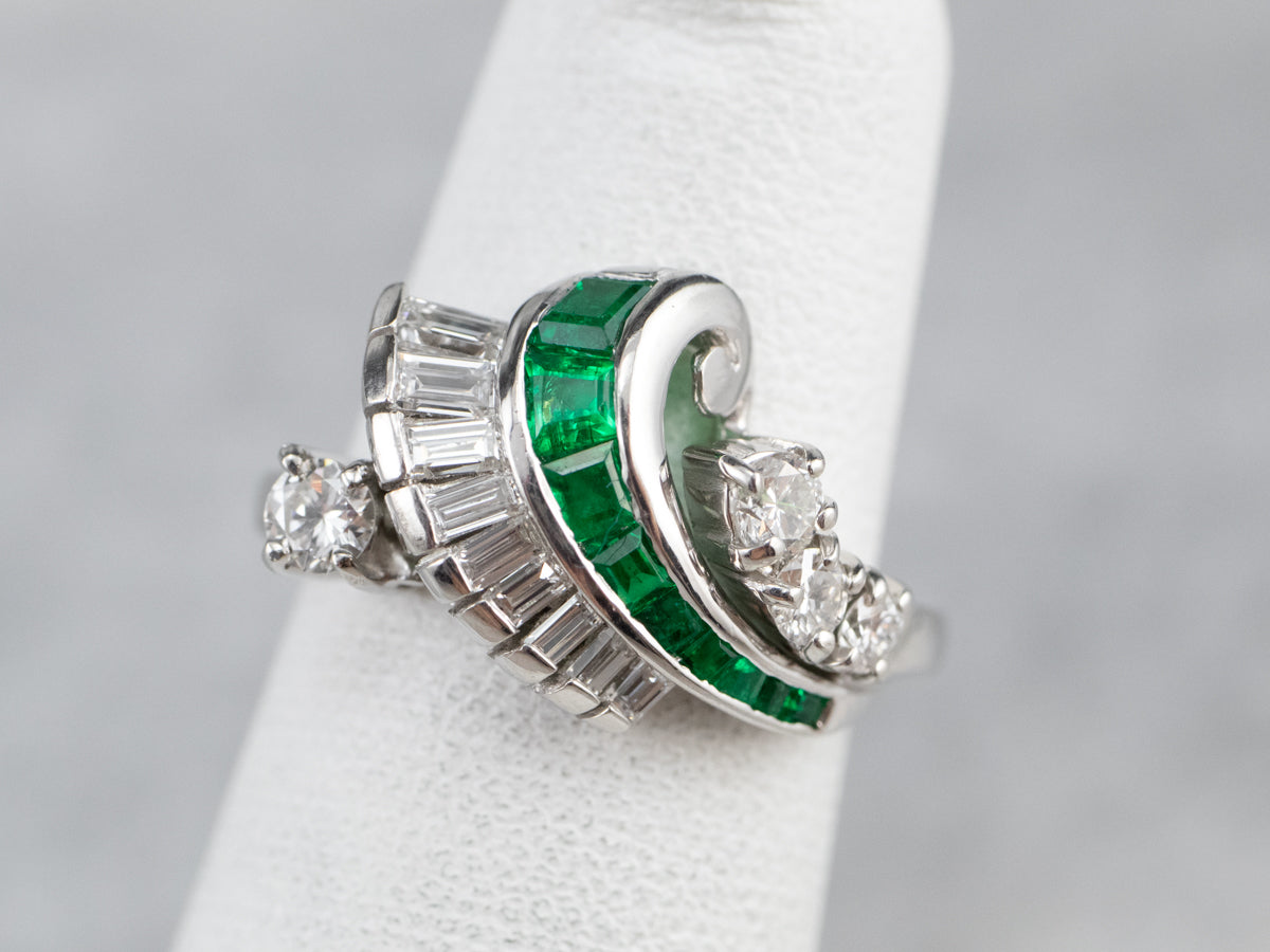 Platinum Emerald and Diamond Cocktail Ring