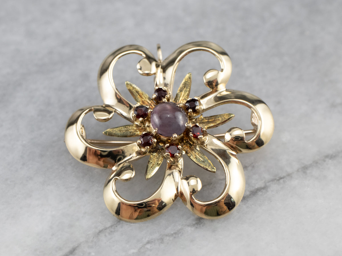 Star Sapphire and Garnet Flower Pin or Pendant