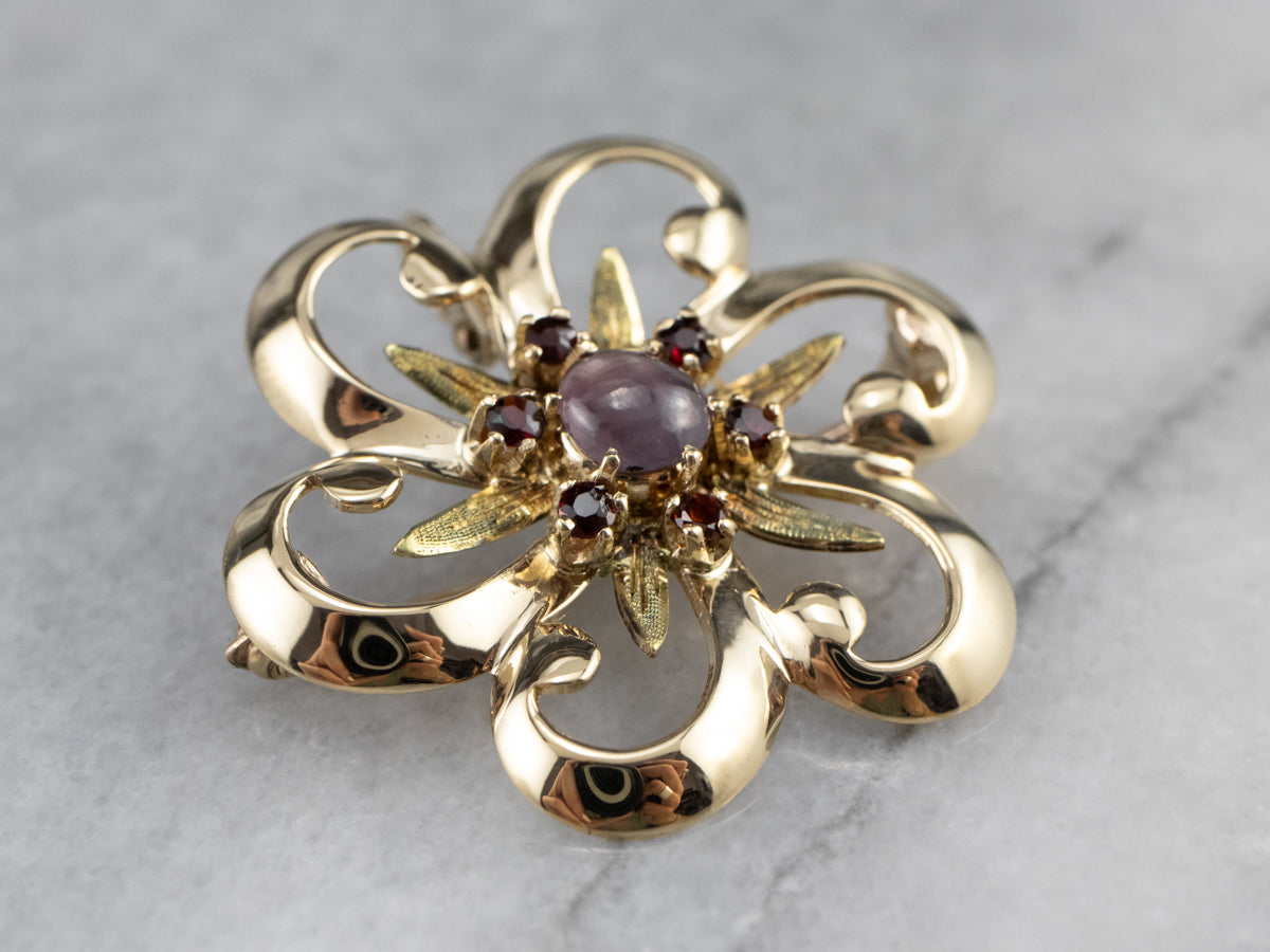 Star Sapphire and Garnet Flower Pin or Pendant