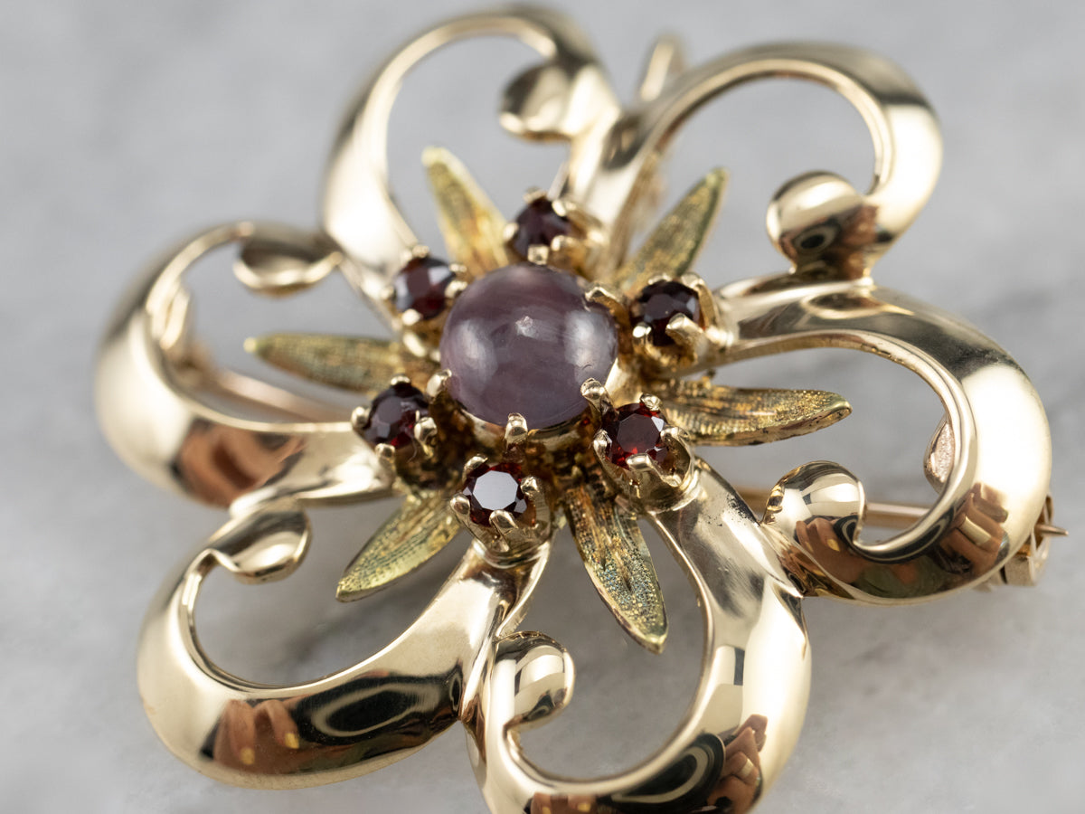 Star Sapphire and Garnet Flower Pin or Pendant