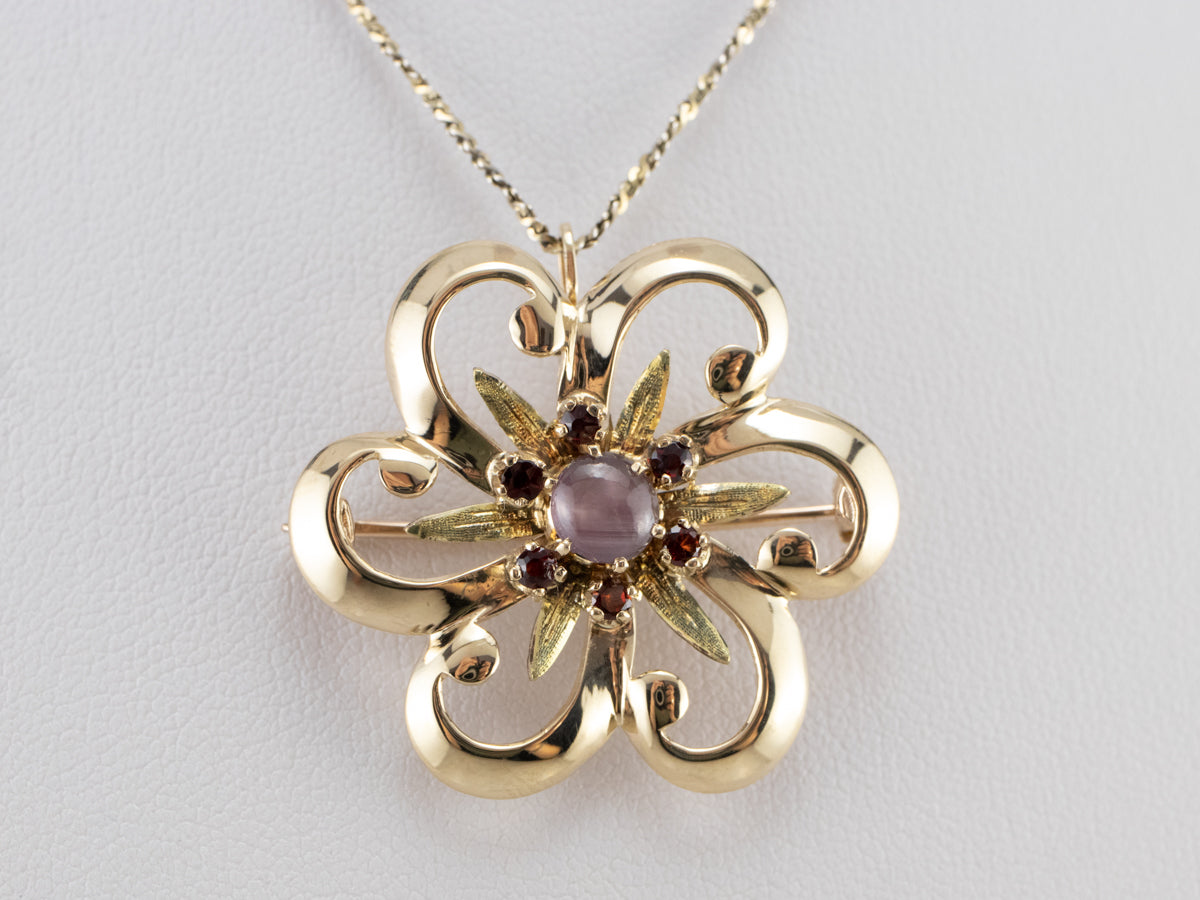 Star Sapphire and Garnet Flower Pin or Pendant