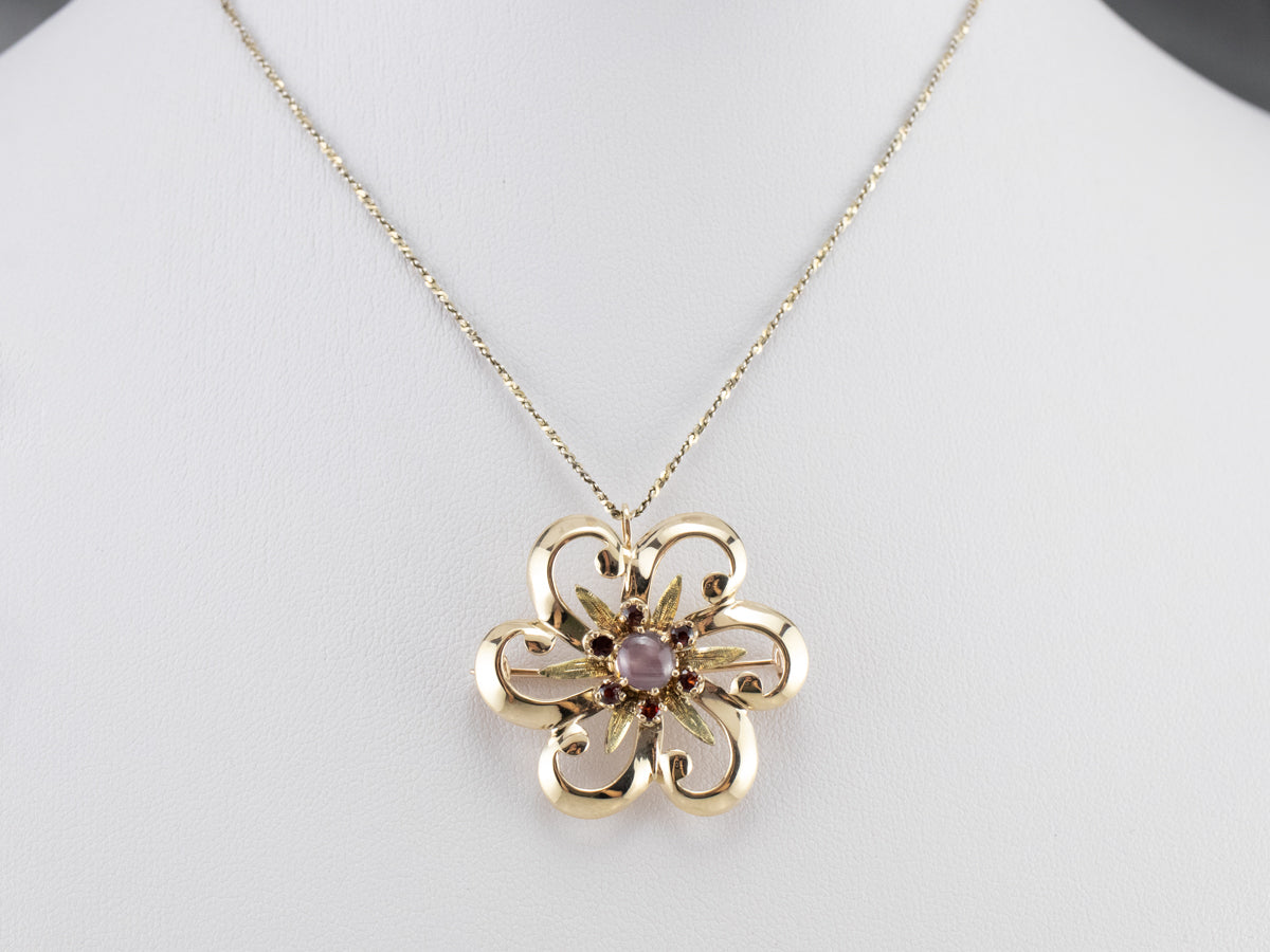 Star Sapphire and Garnet Flower Pin or Pendant