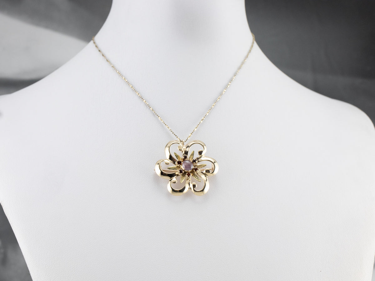 Star Sapphire and Garnet Flower Pin or Pendant