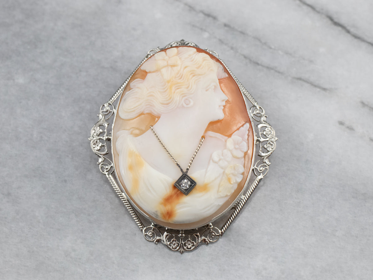 Art Deco Rose Cut Diamond Cameo Pin or Pendant