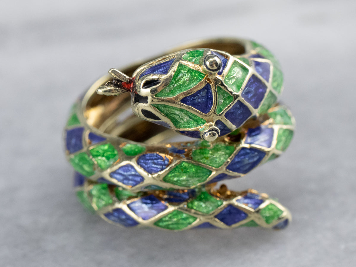Modern Enamel and Gold Snake Ring