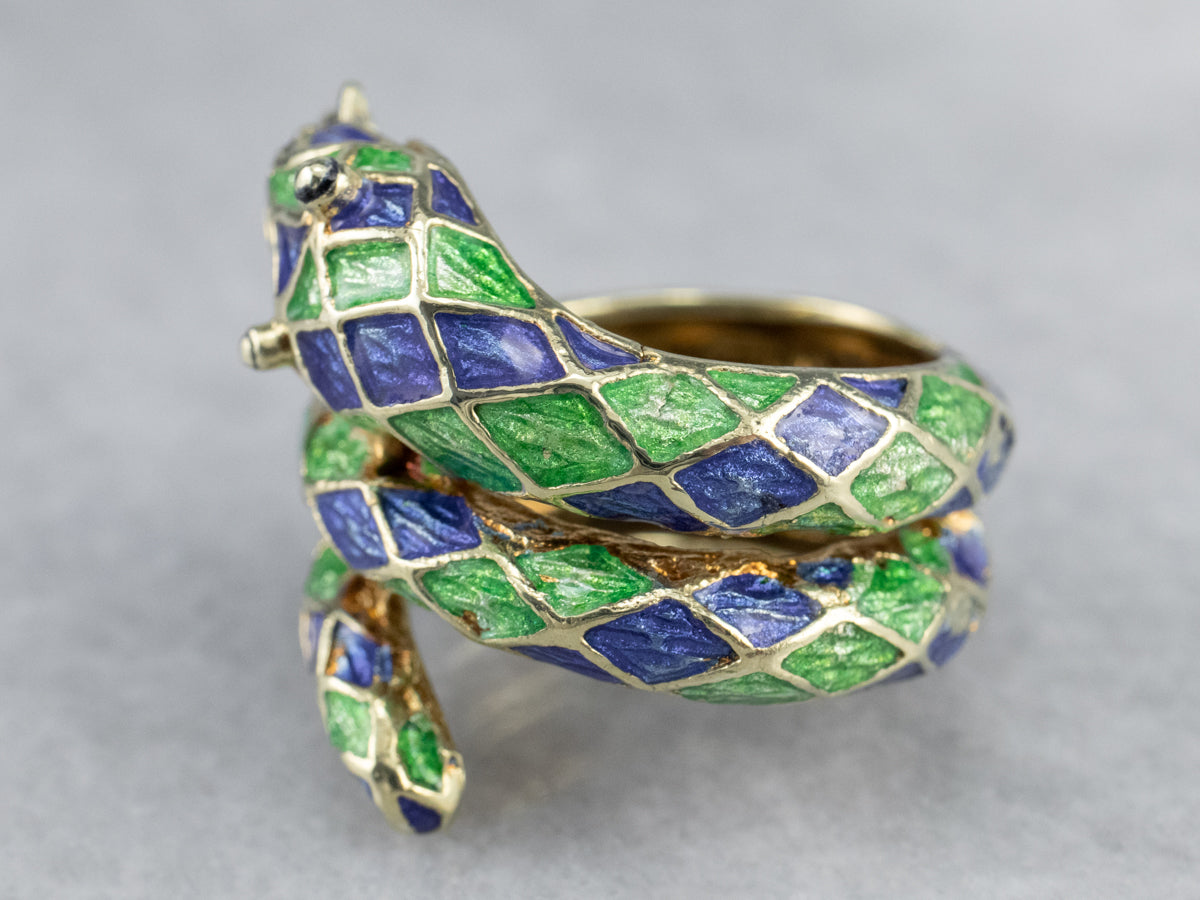 Modern Enamel and Gold Snake Ring