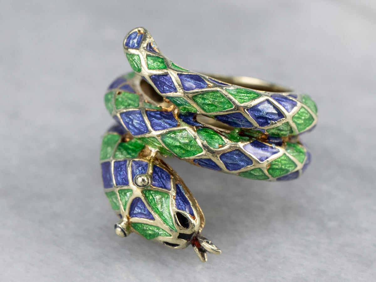 Modern Enamel and Gold Snake Ring