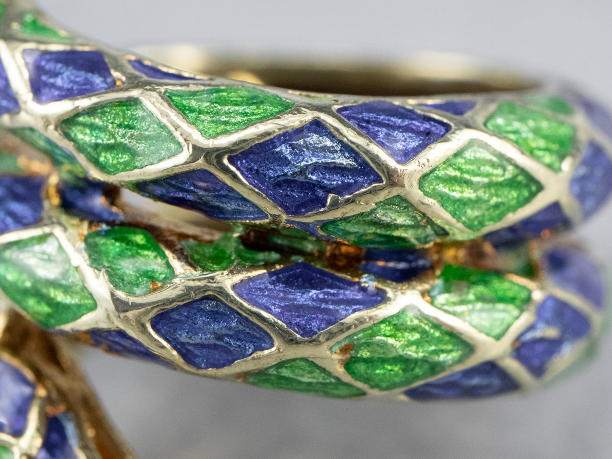 Modern Enamel and Gold Snake Ring