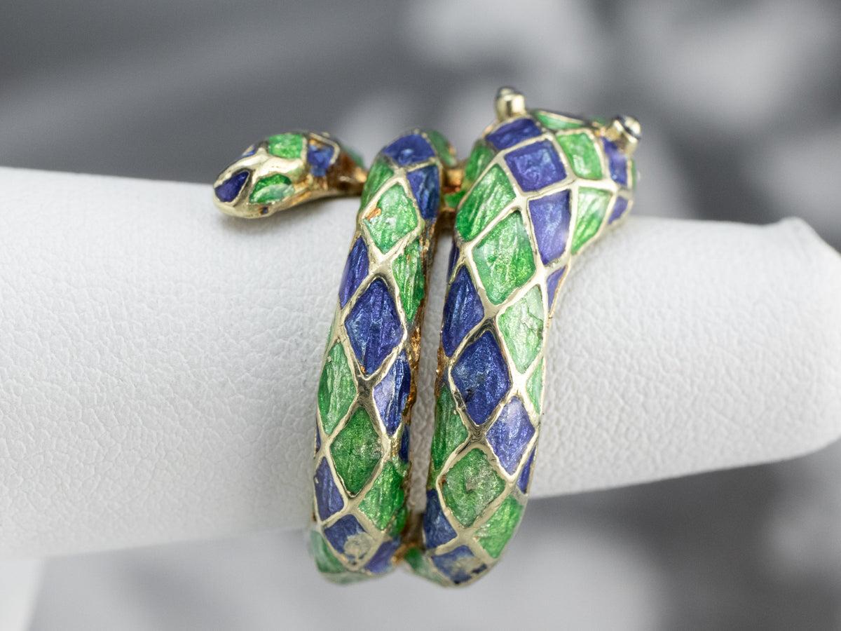 Modern Enamel and Gold Snake Ring