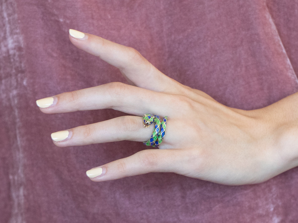 Modern Enamel and Gold Snake Ring