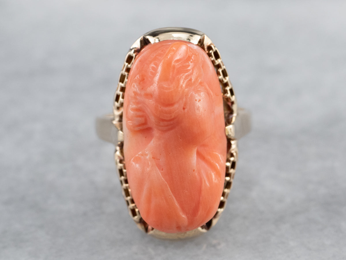 Vintage Coral Cameo Rose Gold Ring