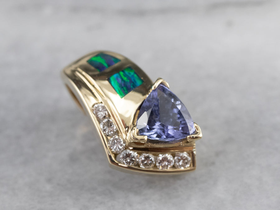 Modernist Tanzanite Diamond and Opal Pendant