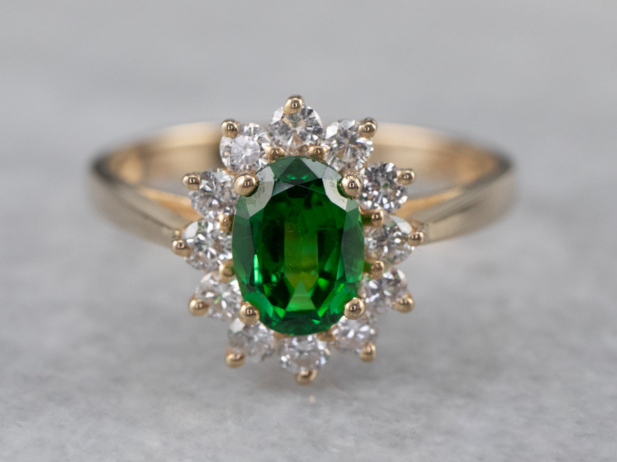 Tsavorite Garnet Diamond Halo Gold Ring