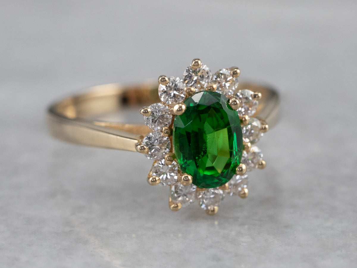 Tsavorite Garnet Diamond Halo Gold Ring