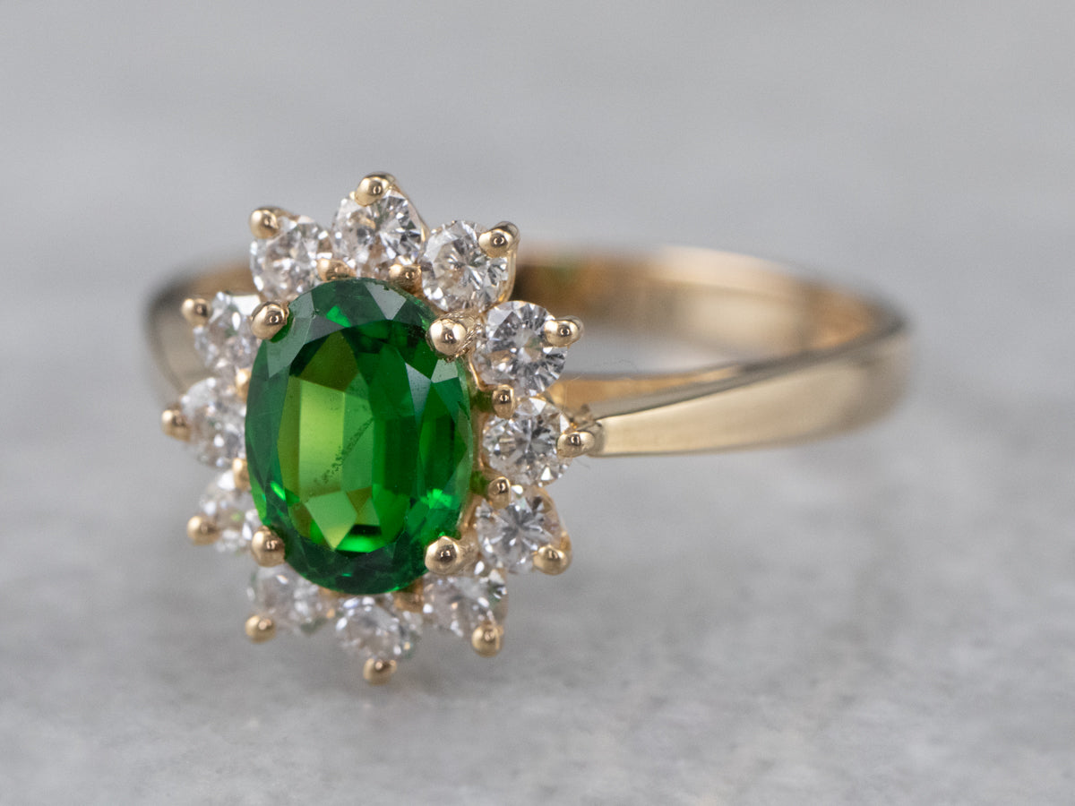 Tsavorite Garnet Diamond Halo Gold Ring