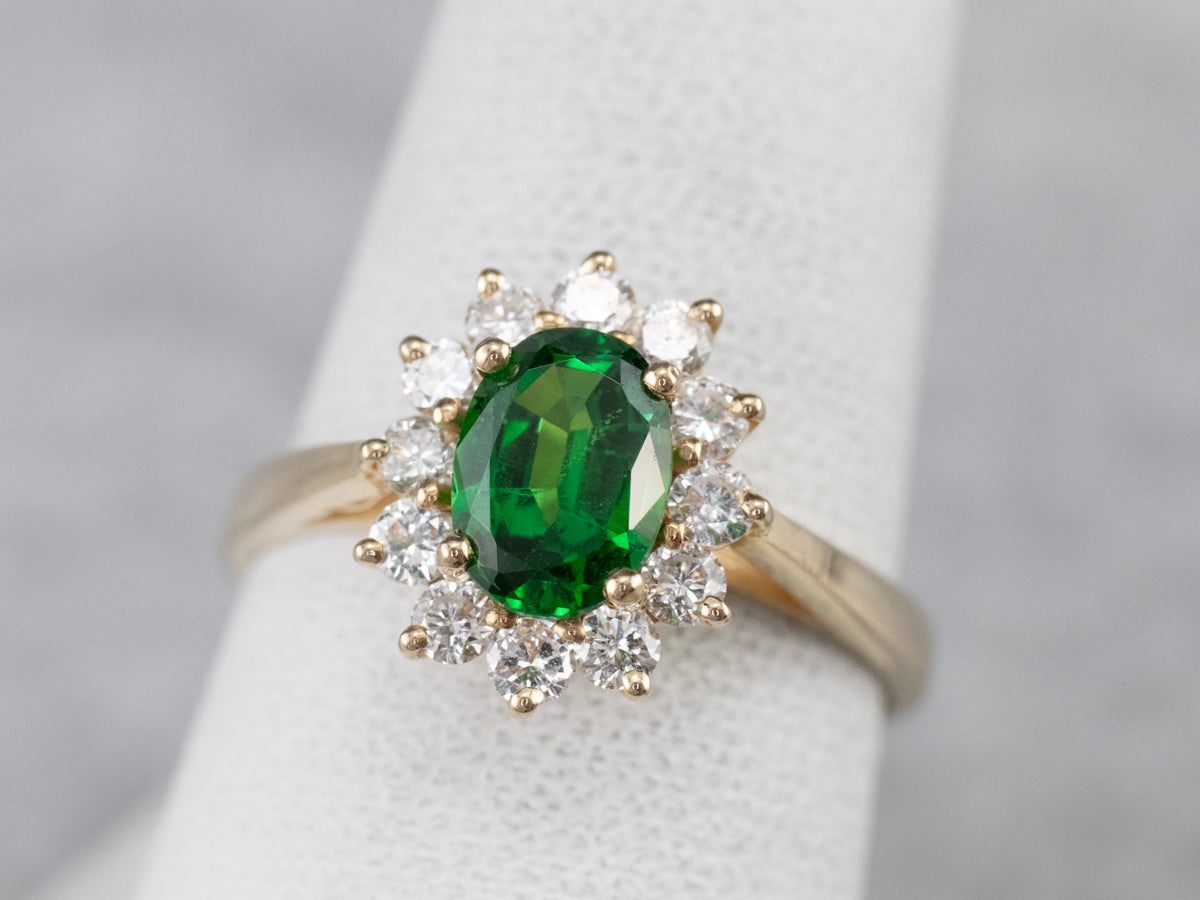 Tsavorite Garnet Diamond Halo Gold Ring