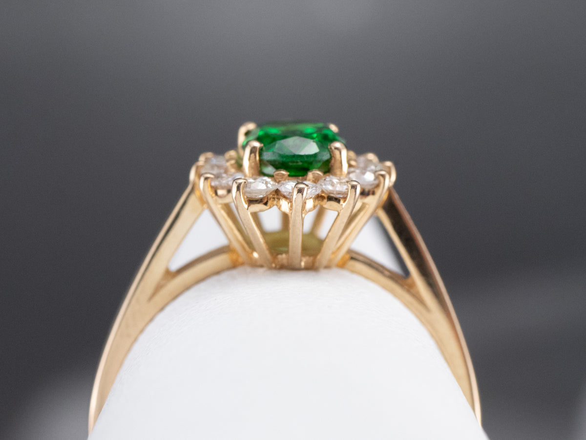 Tsavorite Garnet Diamond Halo Gold Ring