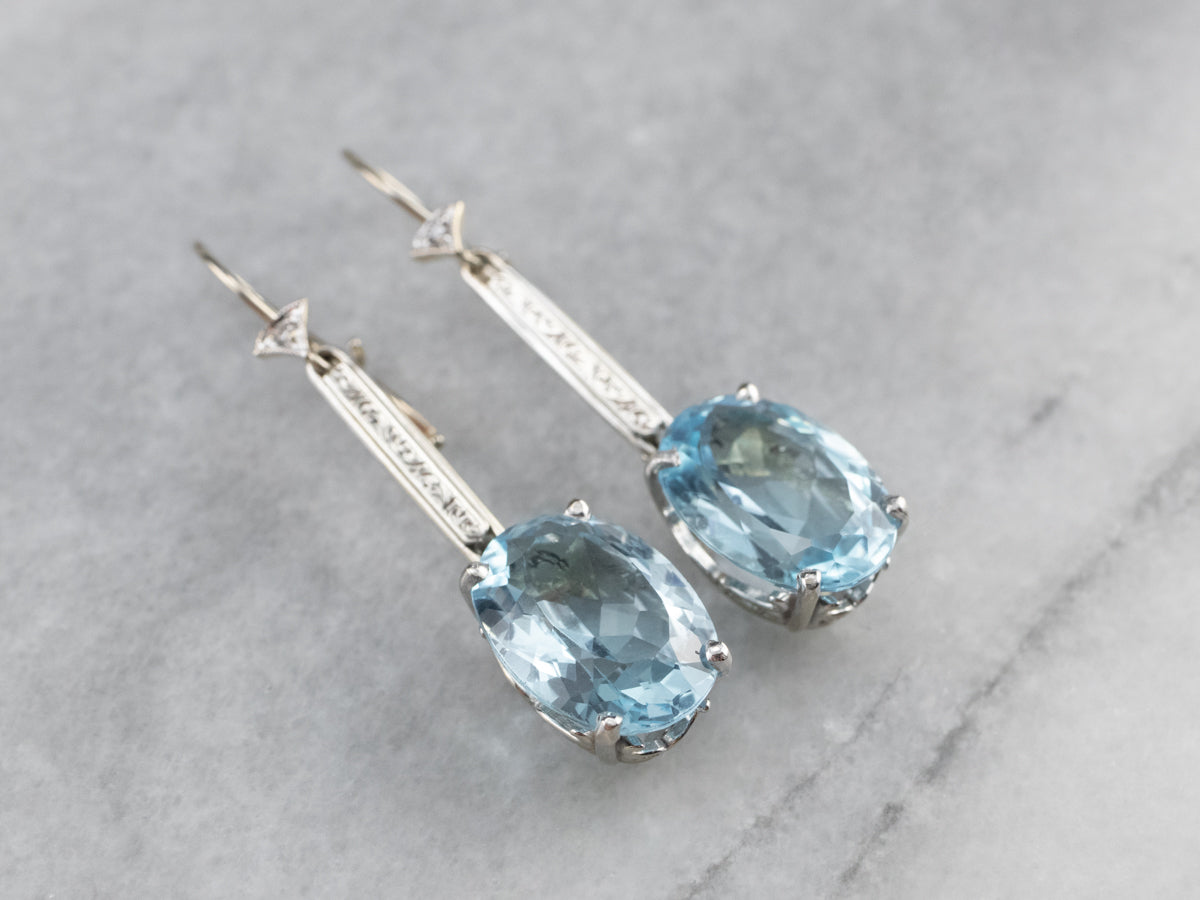 White Gold Blue Topaz and Diamond Drop Earrings