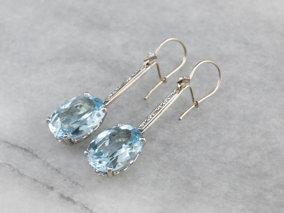 White Gold Blue Topaz and Diamond Drop Earrings