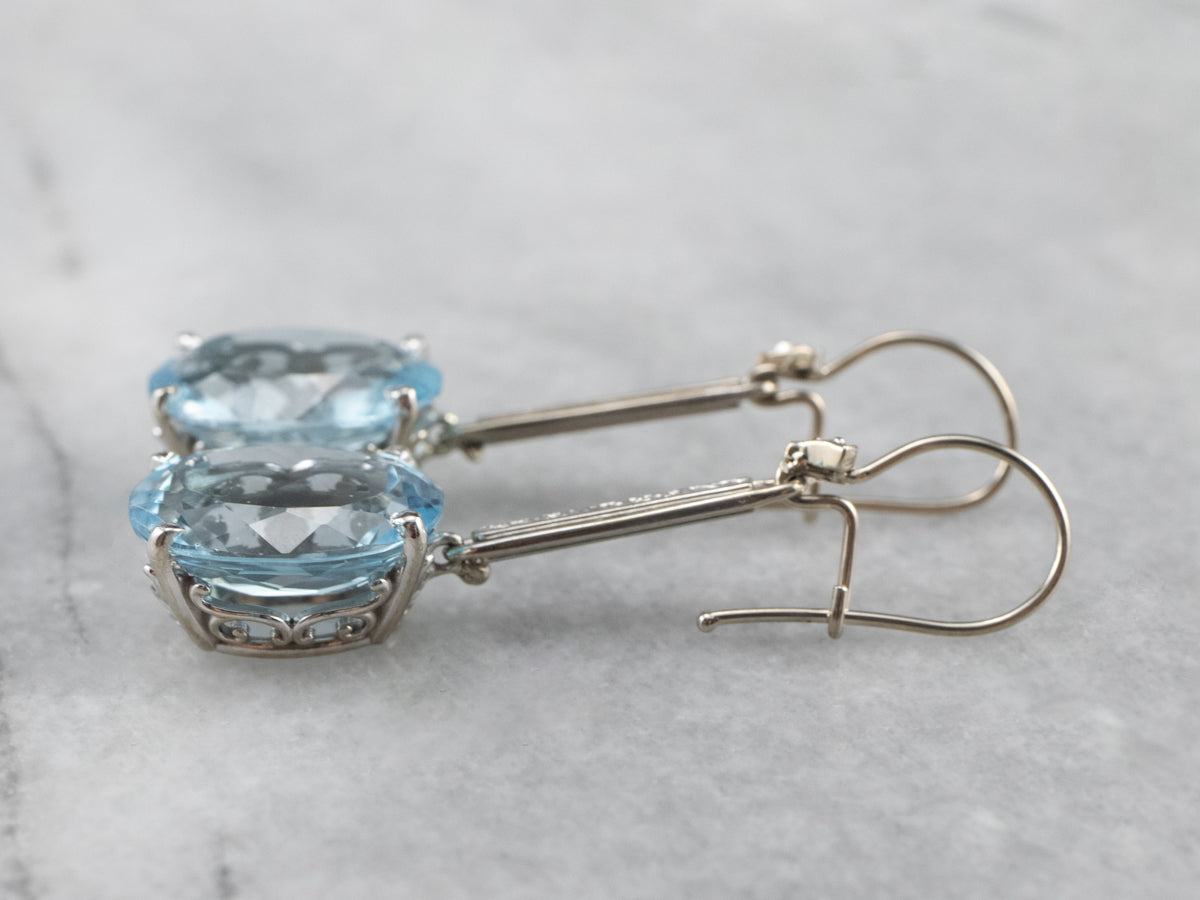 White Gold Blue Topaz and Diamond Drop Earrings