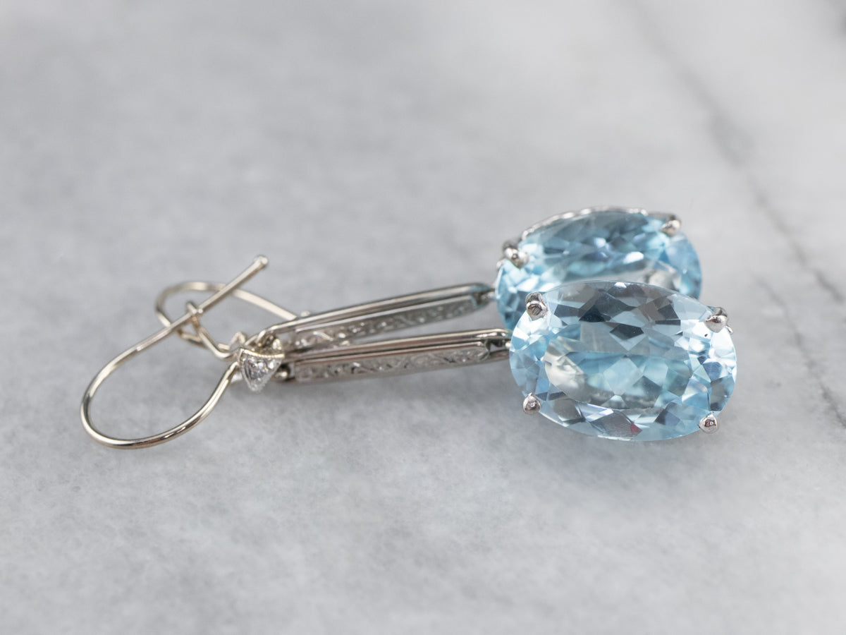 White Gold Blue Topaz and Diamond Drop Earrings