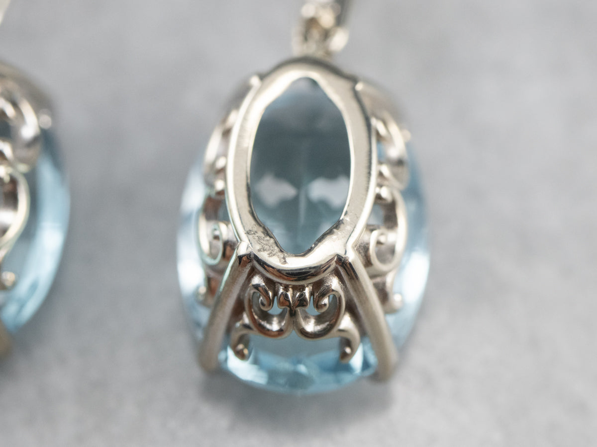 White Gold Blue Topaz and Diamond Drop Earrings