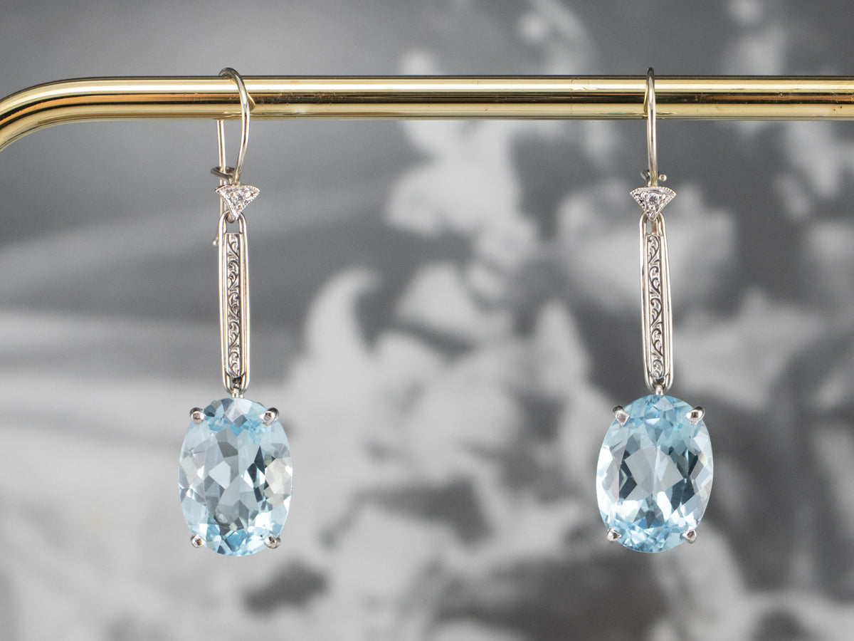 White Gold Blue Topaz and Diamond Drop Earrings