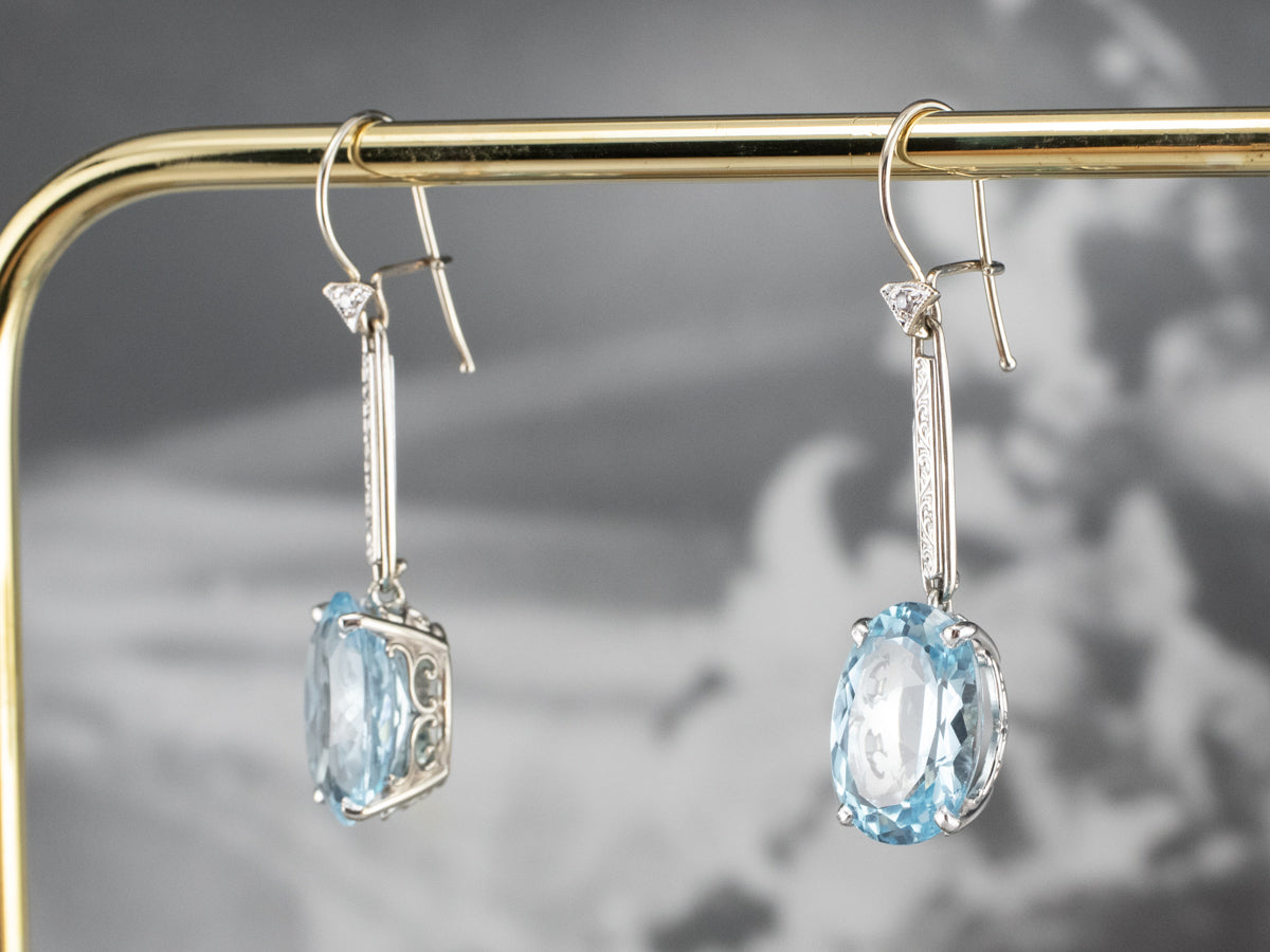 White Gold Blue Topaz and Diamond Drop Earrings